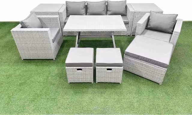 Fimous 10-Piece Light Grey PE Rattan Outdoor Sofa and Dining Set with Dark Grey Cushions