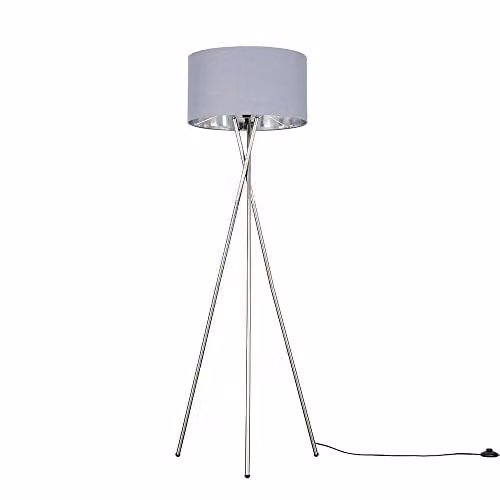 ValueLights Camden Modern Metal Tripod Floor Lamp with Grey and Chrome Cylinder Shade – 1