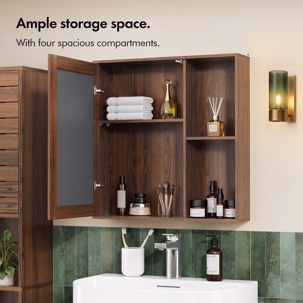 VonHaus Chester Wall Mounted Bathroom Mirror Cabinet in Dark Brown with Hinged Doors and Internal Shelves – 3