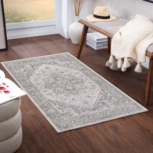 Livabliss Chester Vintage Boho Oriental Rug in Grey, White and Beige, W: 80 cm, L: 150 cm