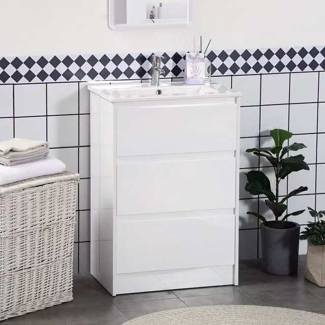 Kleankin Gloss White Bathroom Vanity Unit with Basin and Drawers, 600mm