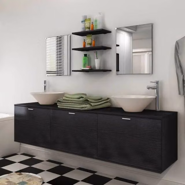 Berkfield Home Eight Piece Modern Matt Black Bathroom Furniture and Ceramic Basin Set – 1