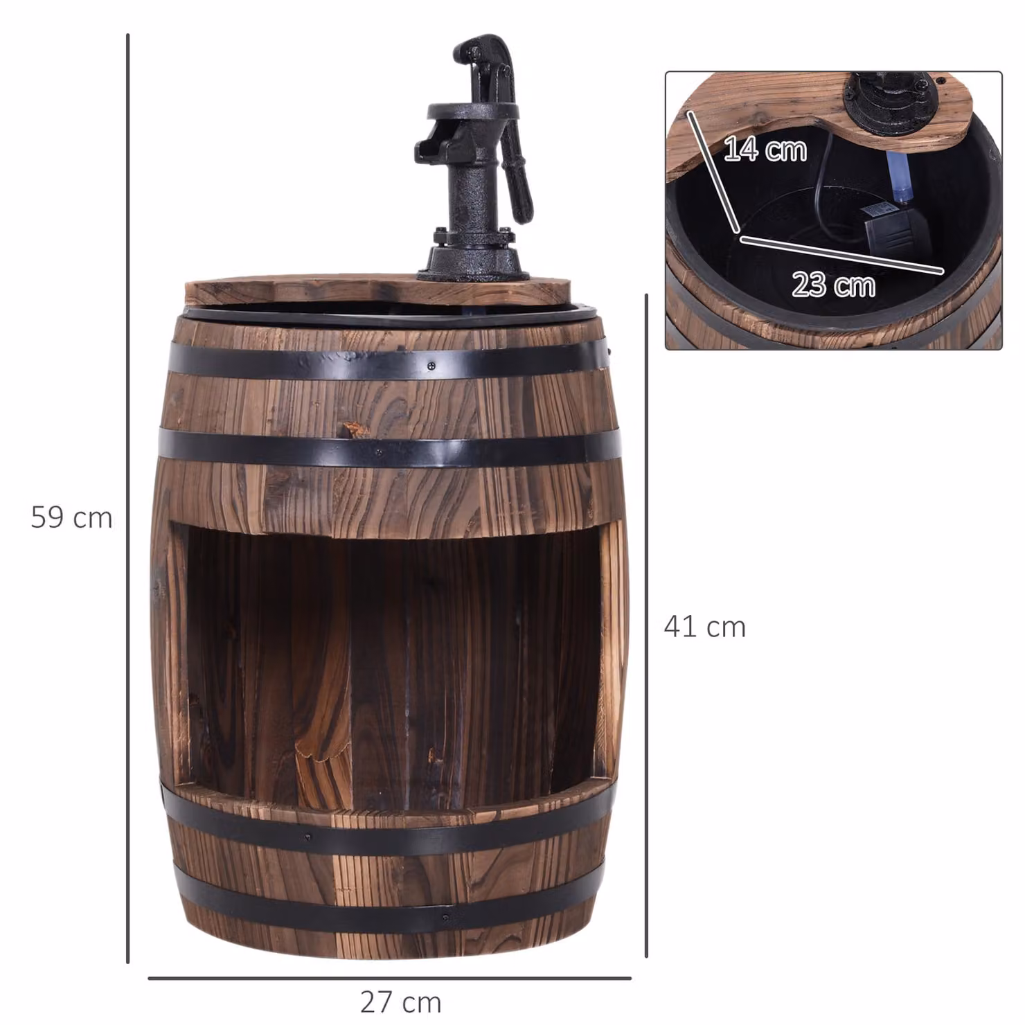Outsunny Wood Barrel Patio Water Fountain with Flower Planter and Electric Pump, Brown – 3