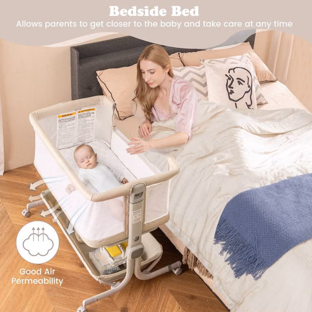 Gymax Adjustable Height Folding Bedside Bassinet for Infants in Beige – 2
