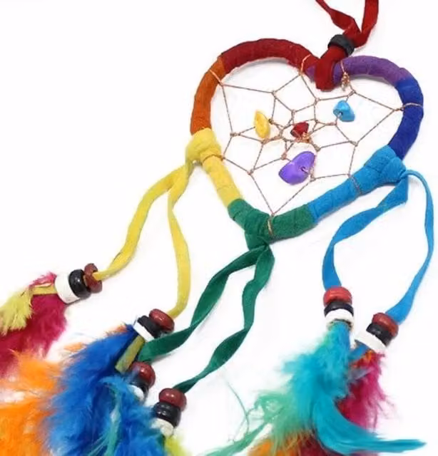 KDMK Bali Rainbow Heart Dream Catcher in Multicolour and Yellow with Heart Details