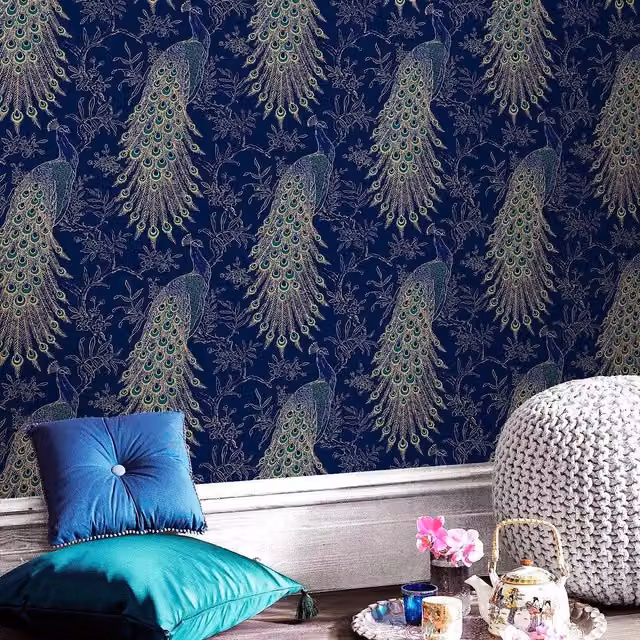 Rasch Peacock Animal Print Matt Wallpaper in Blue and Gold