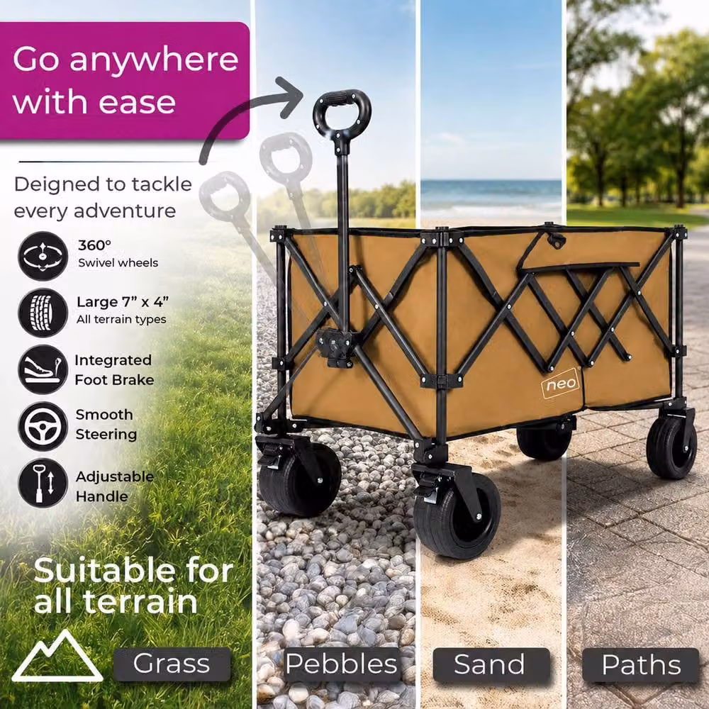 Neo XL Heavy Duty Folding Wagon Cart with Adjustable Handle, 300L Capacity, Khaki – 4