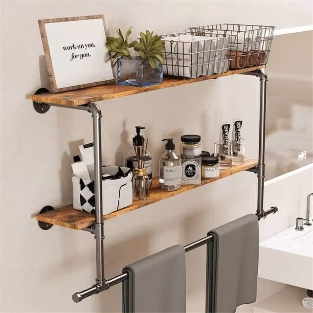 FORGEVIO Industrial Wall Hanging Garment Rack with Continuous Linear Rail and Wood Shelves in Black and Brown