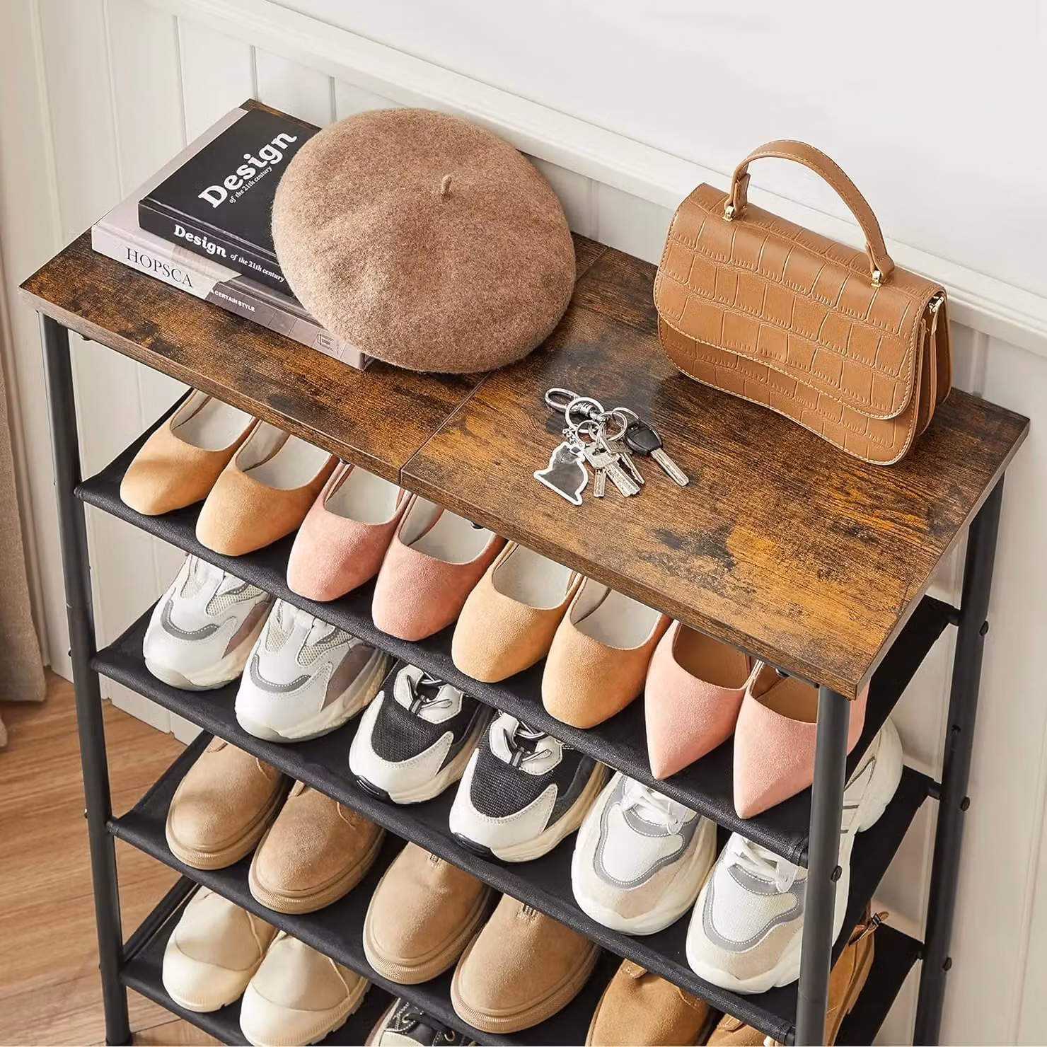 VASAGLE Industrial Style Narrow Shoe Rack with Fabric Shelves and Steel Frame, Brown – 3