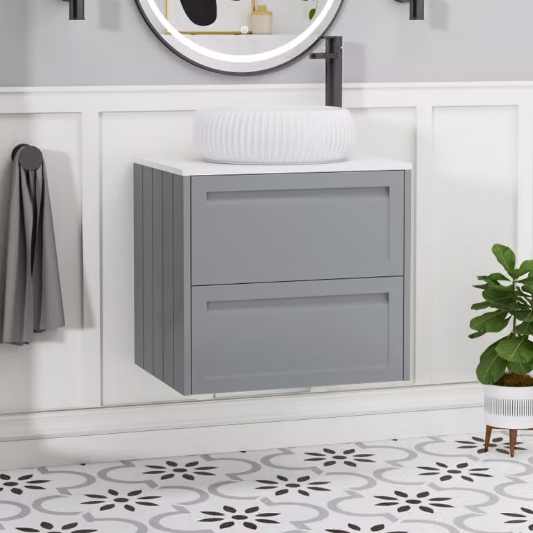 Royal Bathrooms Elmore Wall Hung Vanity Unit with Milan Basin, Matt Pebble Grey and Plain White Worktop, 600mm