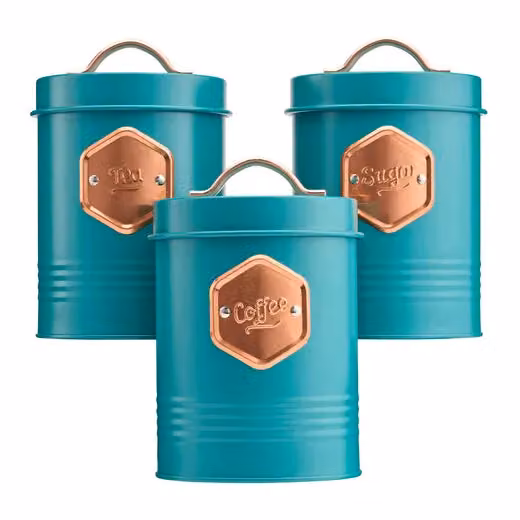 Cooks Professional 3-Piece Tea, Coffee and Sugar Canister Set in Petrol with Copper Labels and Airtight Lids – 2