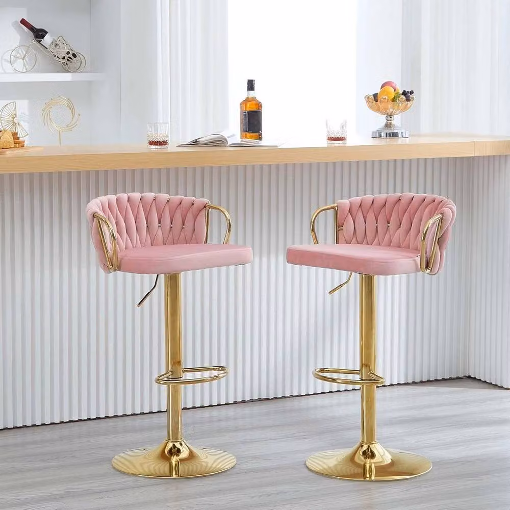 FORGEVIO Set of 2 Pink Velvet Bar Stools with Metal Frame for Kitchen and Breakfast Bars – 2