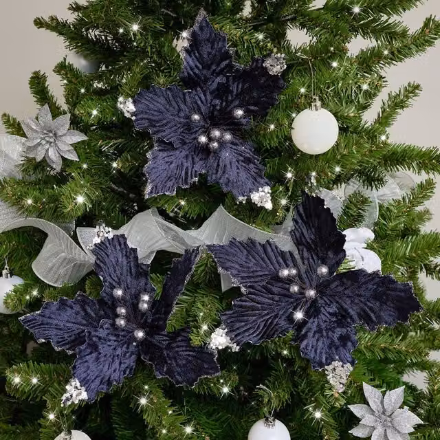 Melody Maison Set of 3 Navy Blue Poinsettia Clip Christmas Decorations, Height: 25 cm – 1