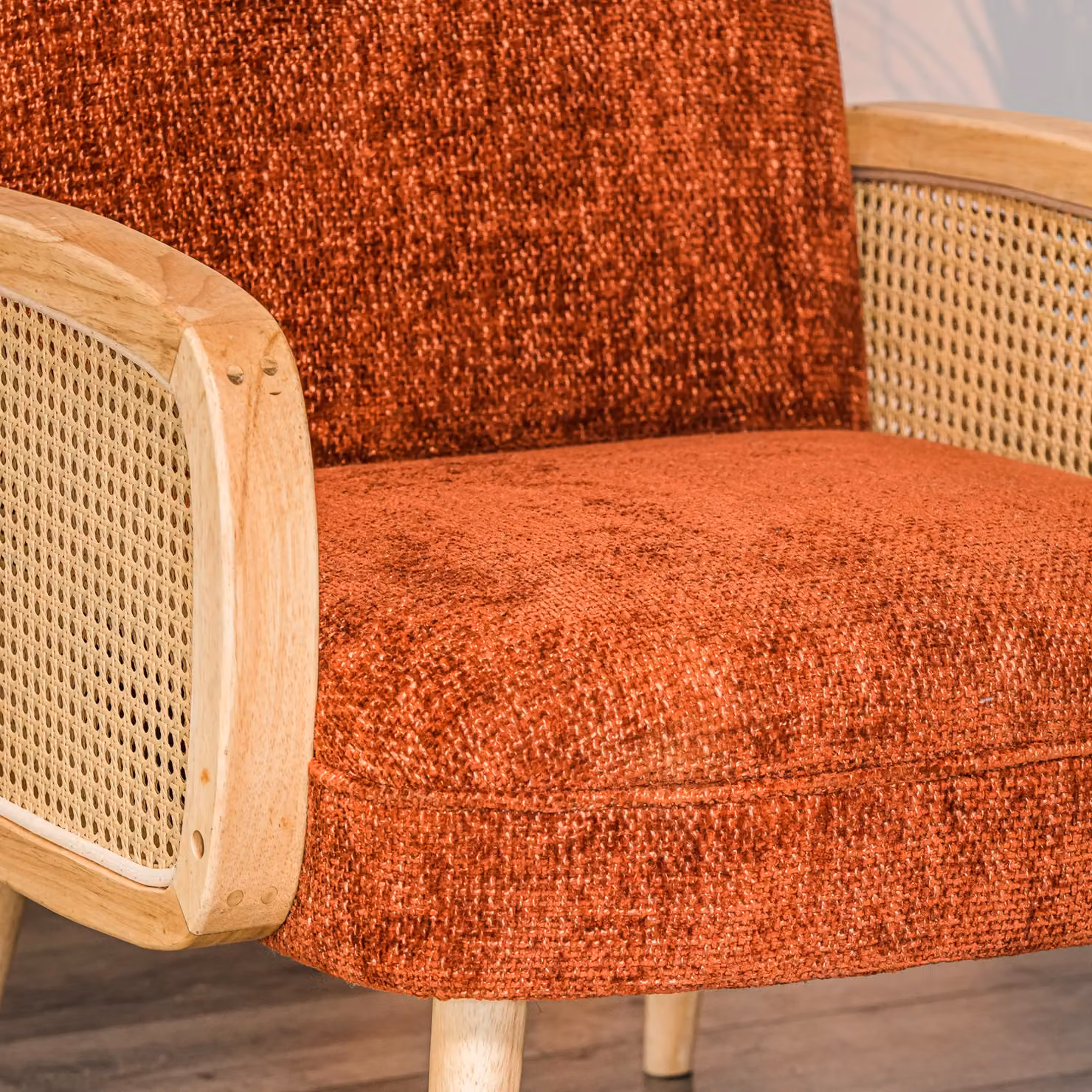Nordlys Scandinavian Lounge Armchair with Red Fabric and Solid Wood Rattan Frame – 5