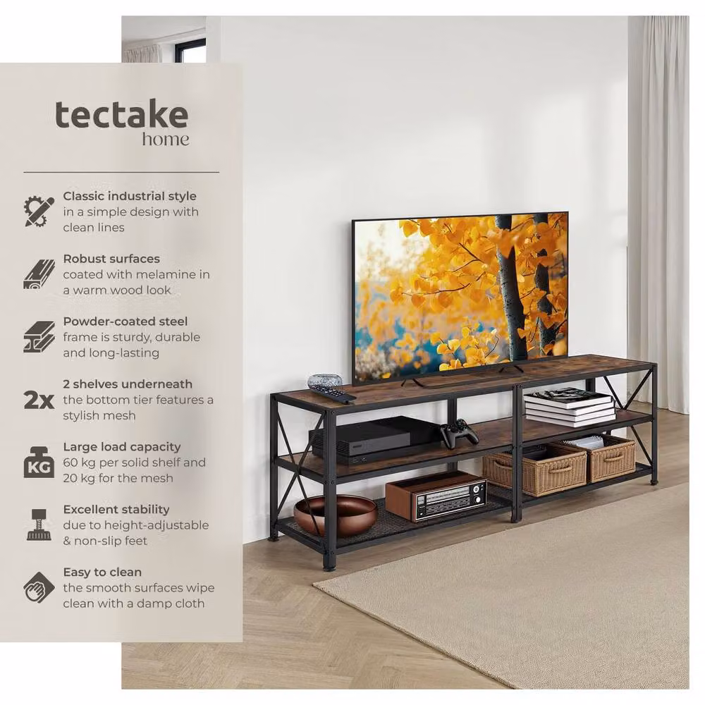 tectake Industrial TV Stand Lowboard Cabinet in Brown with 3 Shelves and Media Compartments, Width: 161 cm – 2