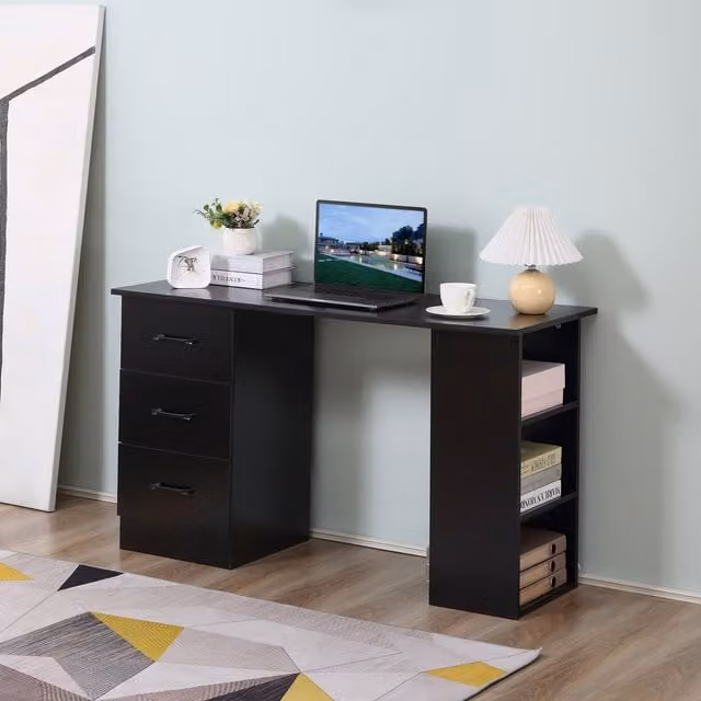 HOMCOM Black Minimalist Computer Desk with 3 Shelves and Drawers