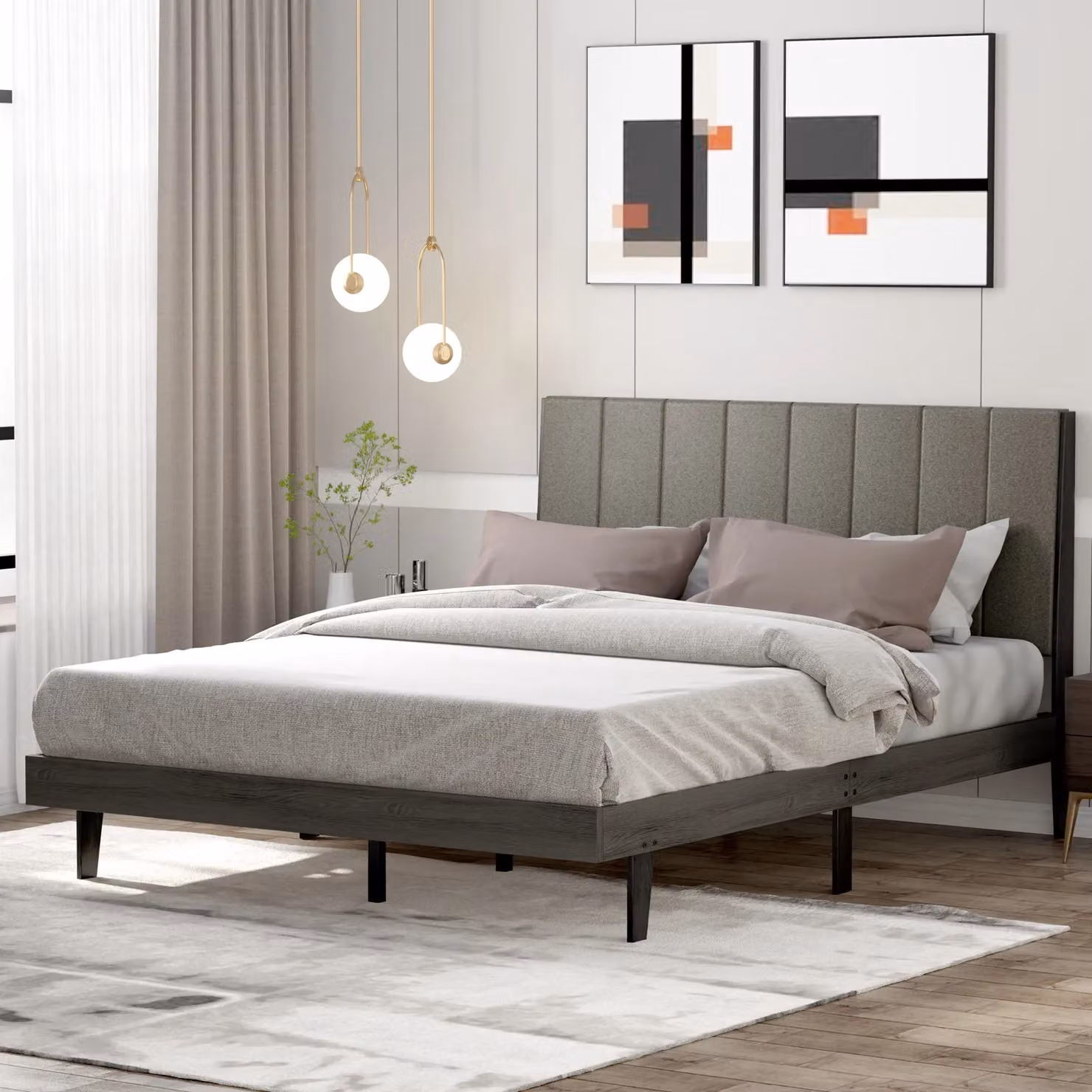 Costway Upholstered Bed Frame with Wooden Slats Support in Grey, 150 x 200 cm – 3