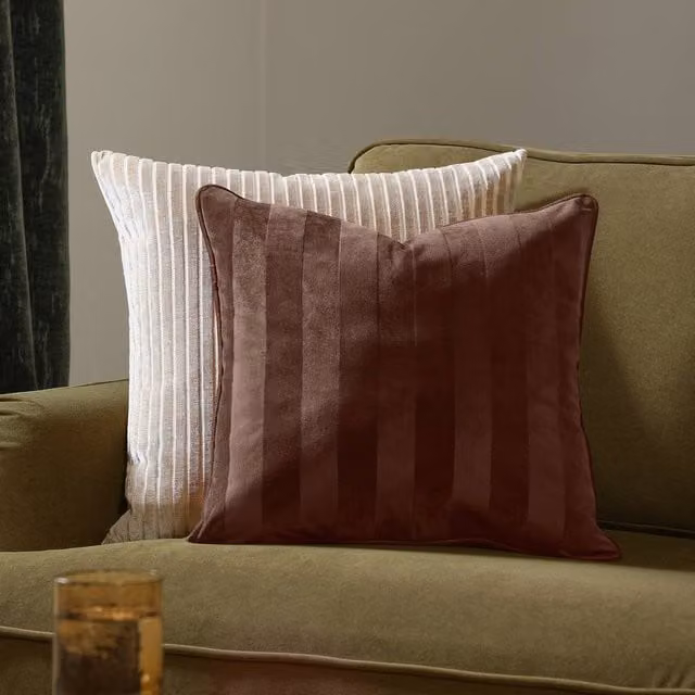 Paoletti Regency Stripe Velvet Cushion in Brown, W/D/H: 45 x 45 x 45 cm