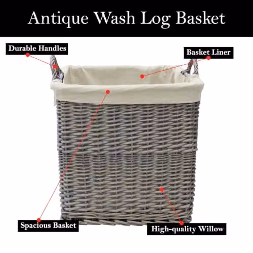 JVL Antiques Wash Yellow Fabric Lined Rectangle Log Basket with Handles W/D/H: 54.0 x 47.0 x 47.0 cm – 3