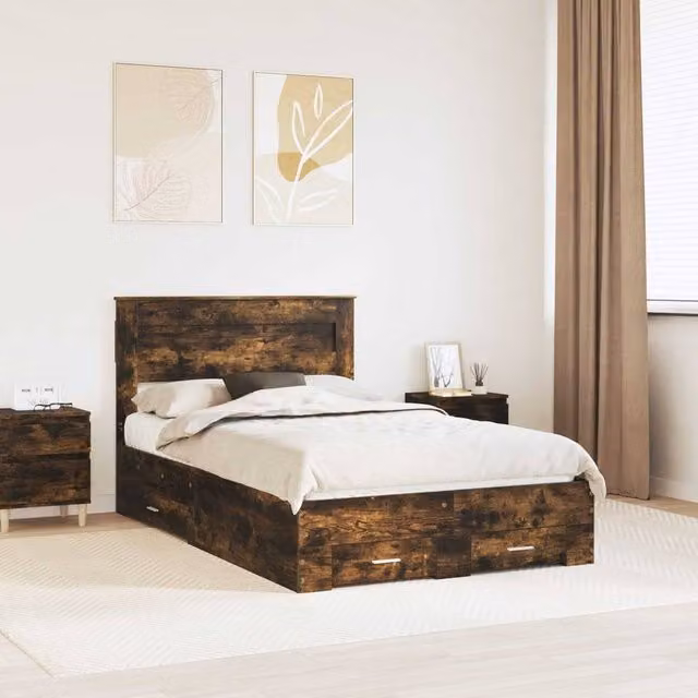 Berkfield Home Modern Bed Frame with Drawers in Smoked Oak Brown, W/D/H: 120 x 200 cm