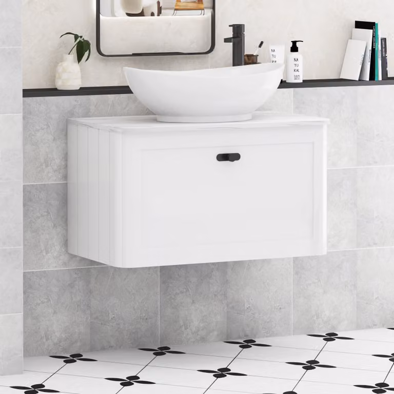 Royal Bathrooms Henley 800mm Gloss White Wall Hung Vanity Unit with Amaze Basin and Matt Black Knob