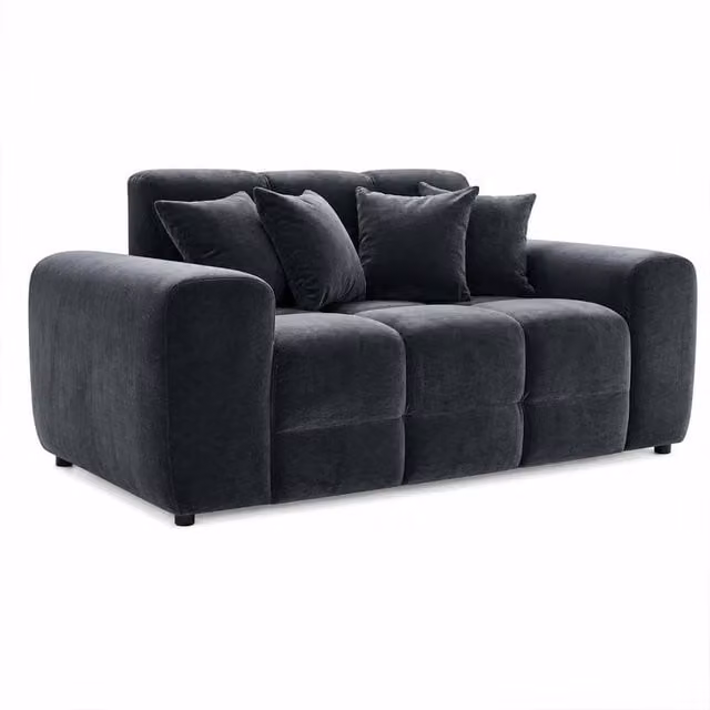 Furnishings For Less UK Jenson Black 2 Seater Plush Velvet Sofa with Deep Seats and Scatter Cushions W/D/H: 175 x 105 x 90 cm