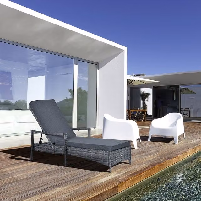 Outsunny Grey Polyrattan Single Sun Lounger with Adjustable Headrest and Armrests