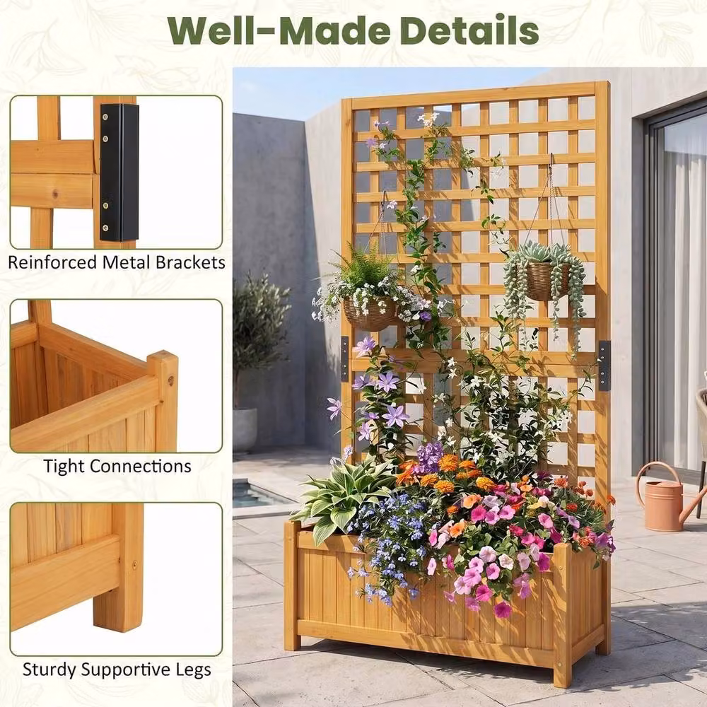 VOGREX Wooden Raised Planter with Trellis and Drainage in Brown, W: 143 cm, H: 76 cm, D: 32 cm – 3