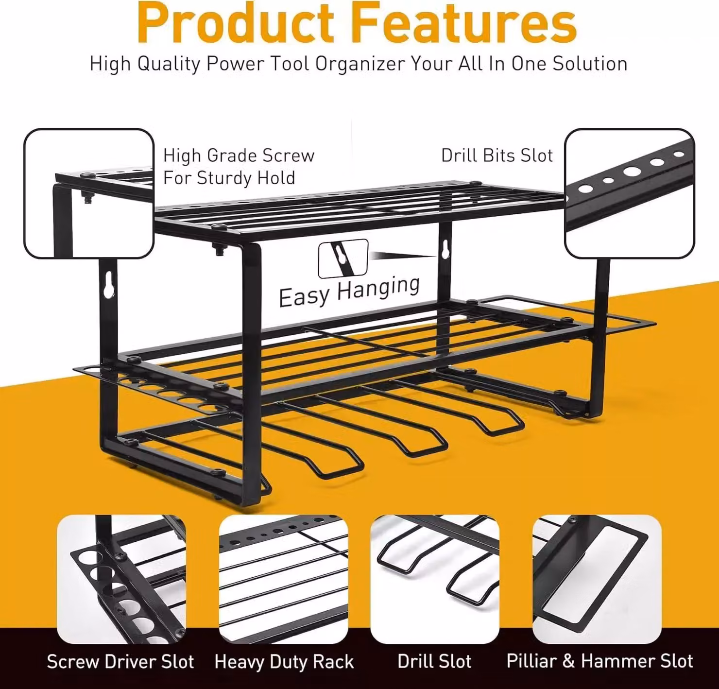 MoDinzo Black Alloy Steel Power Tool Organizer and 3 Layer Floating Shelf Wall Mount Storage Rack – 2