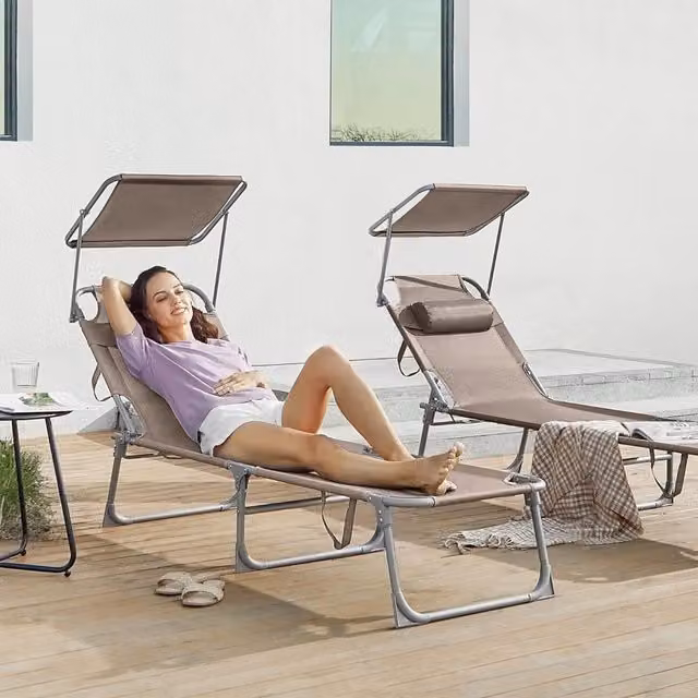 The Bazaarist Reclining Sun Lounger with Adjustable Backrest, Sun Canopy and Headrest in Beige and Brown Textilene Fabric