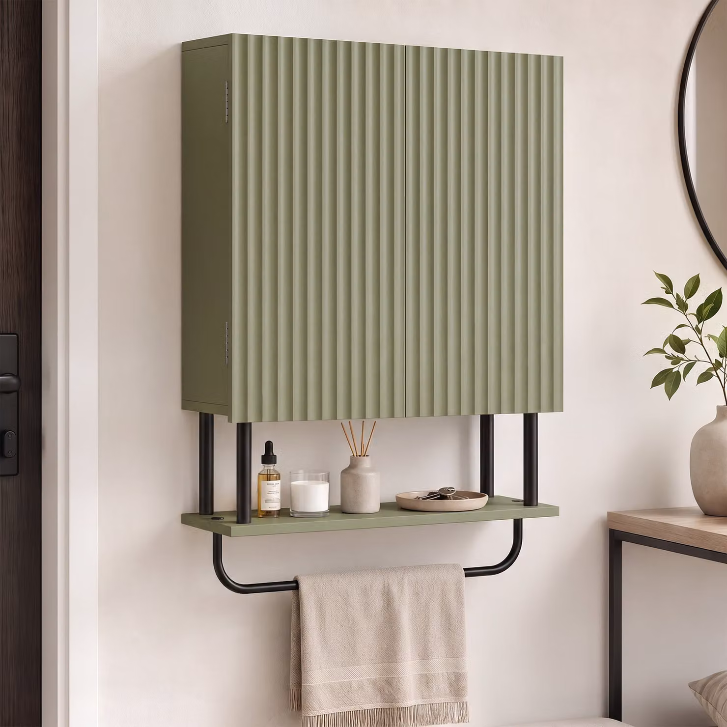 HOMCOM Modern Green Wall Mounted Bathroom Cabinet with Hinged Doors and Open Shelf, W/D/H: 49 x 18 x 66 cm – 5