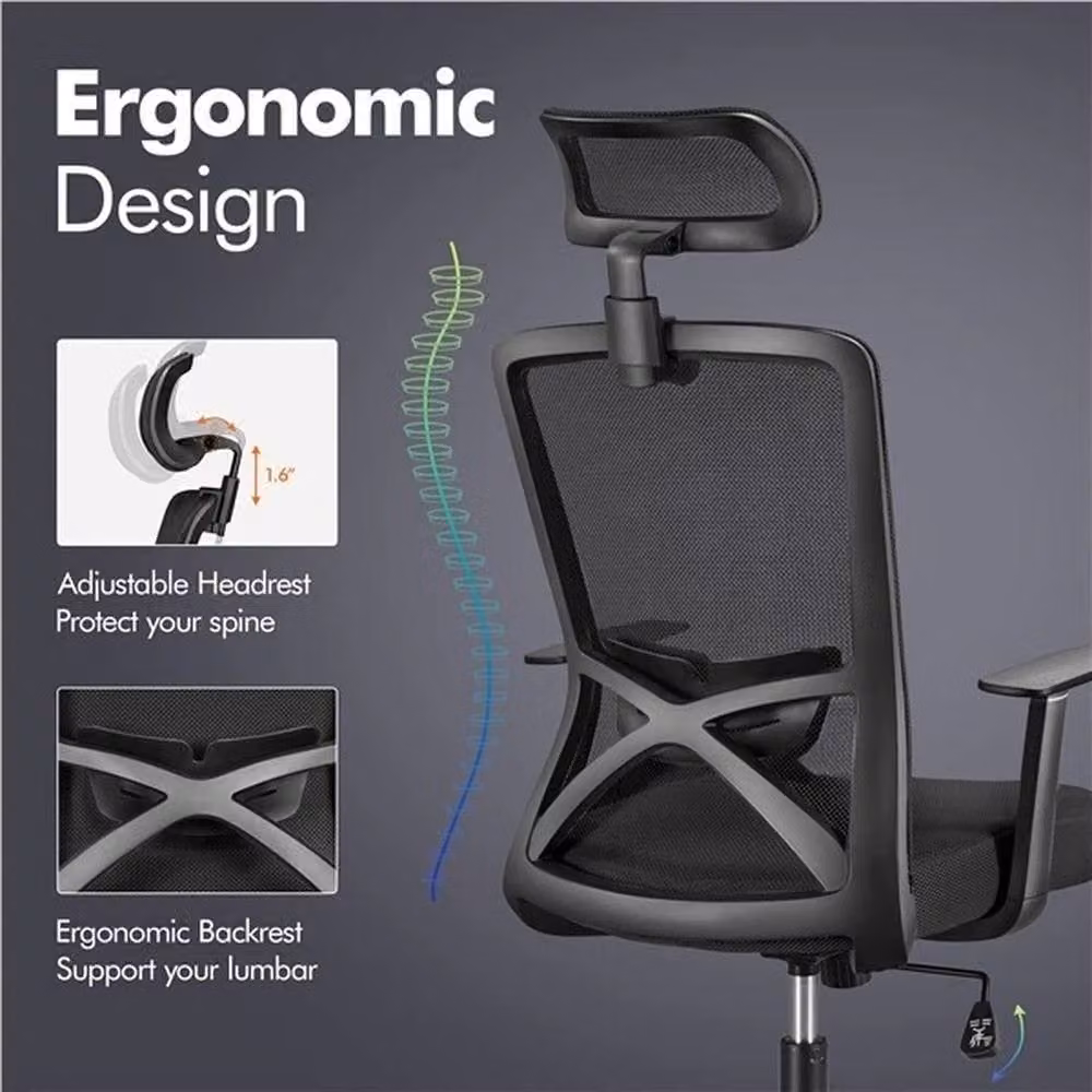 VOGREX Black Ergonomic Fabric Swivel Office Chair with Headrest and Armrests – 3