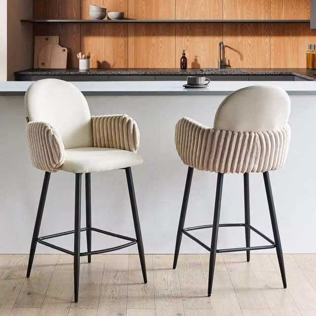 Wyld and Coco Set of 2 Retro Bar Chairs in Light Beige Woven Velvet Fabric – 1
