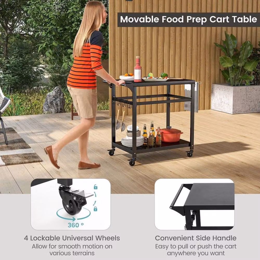 Havendro Portable BBQ Dining Prep Trolley Cart in Matt Black Metal with Lockable Wheels – 4