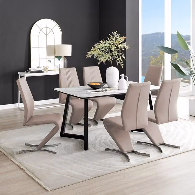 FurnitureboxUK Carson White Marble Effect Rectangular Dining Table and 6 Willow Chairs in Beige – 1