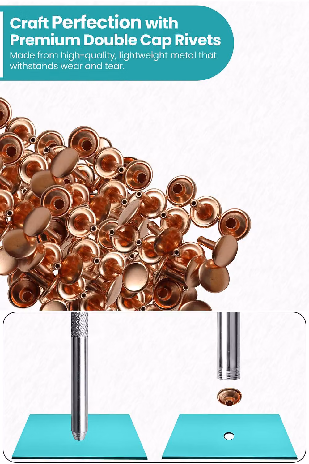 Neel Blue 10mm Double Cap Rivet Tubular Metal Studs and Leather Rivets, Rose Gold, 100pcs – 4