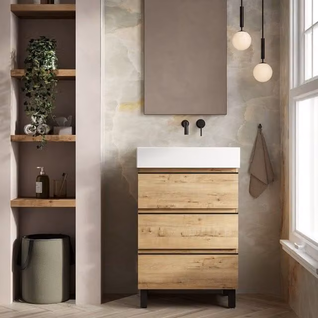 Banyetti Vatilla 600mm Floorstanding Vanity with Veneto No Tap Hole Basin in Ostippo Light Oak – 1