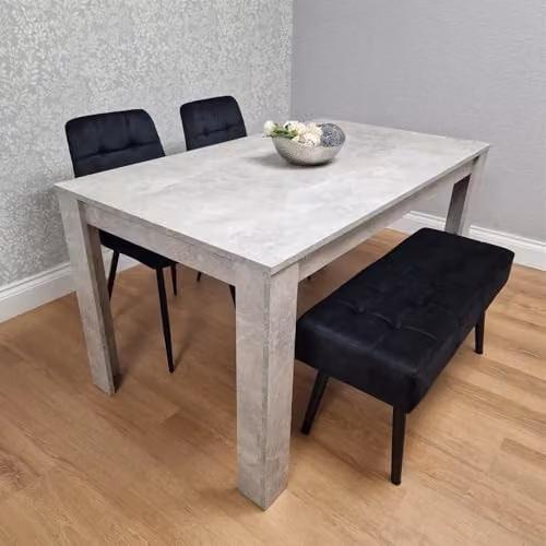 KOSY KOALA Dining Table Set with Stone Grey Effect Wood Table, 2 Black Velvet Chairs and Black Velvet Padded Bench