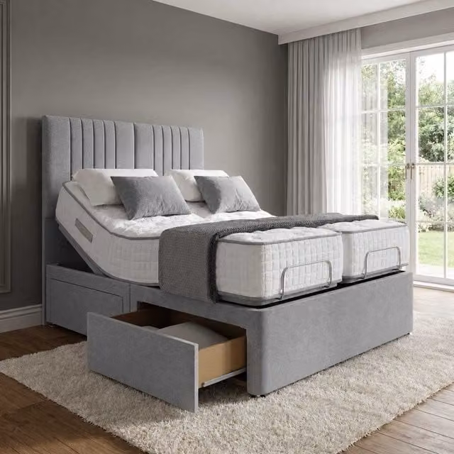 K Mehmood Enterprise Ltd Luxury Electric Adjustable Bed with Storage Drawers and Headboard in Grey Fabric