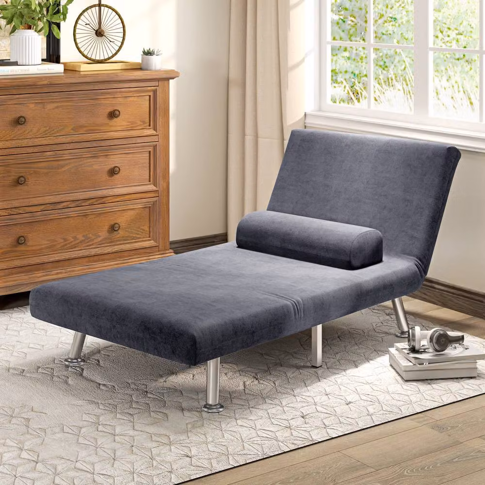 STILVORA 3-in-1 Grey Velvet Sleeper Chair Bed with Metal Frame and Armrests – 3
