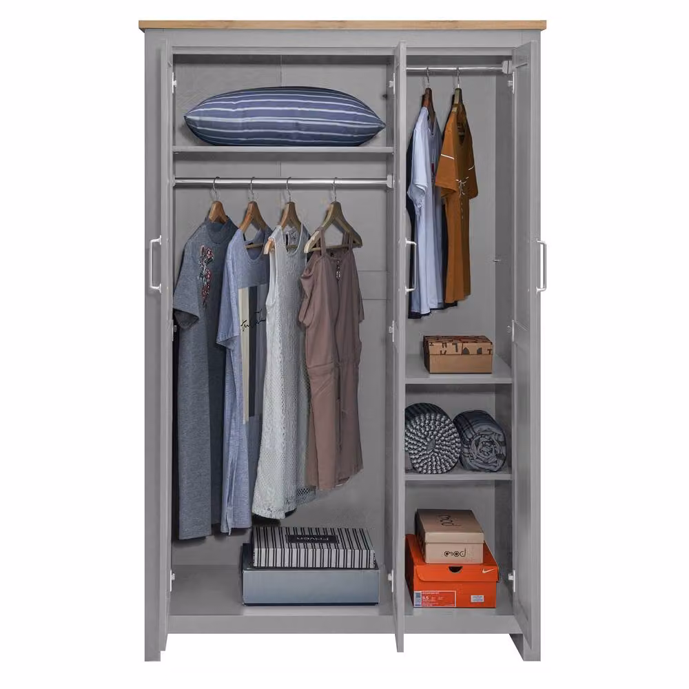 Timber Art Design Lisbon 3 Door Wardrobe in Light Grey with Internal Shelving and Hanging Space, H 181 x W 112 x D 52 cm – 3