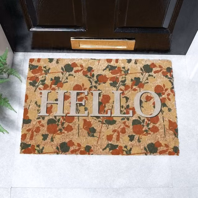 Artsy Mats Hello Floral Coir Doormat in Brown, W: 60 cm, D: 40 cm
