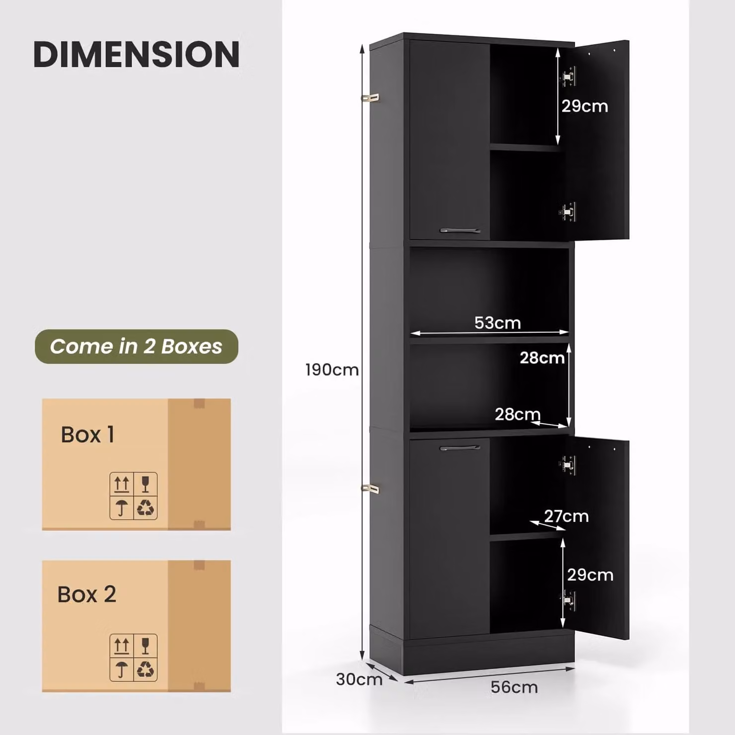 Gymax Black Freestanding Tall Kitchen Cabinet with Hinged Doors and Internal Shelves, Height: 190 cm – 2