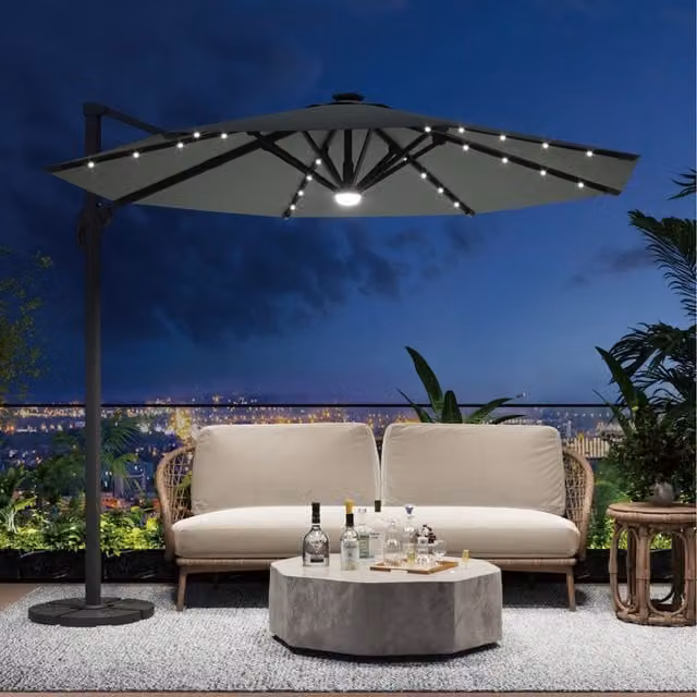 Breeins Round Cantilever Parasol Set with LED Lights and Rotating Base in Grey