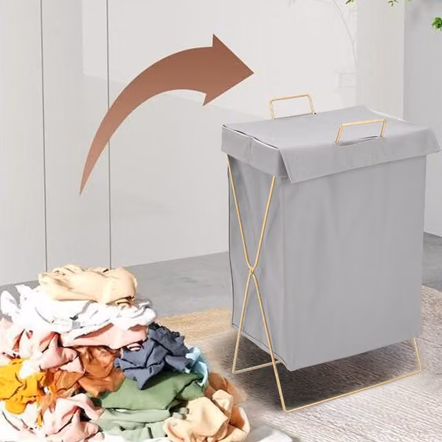 Livingandhome Collapsible Waterproof Laundry Storage Basket with Handles in Grey