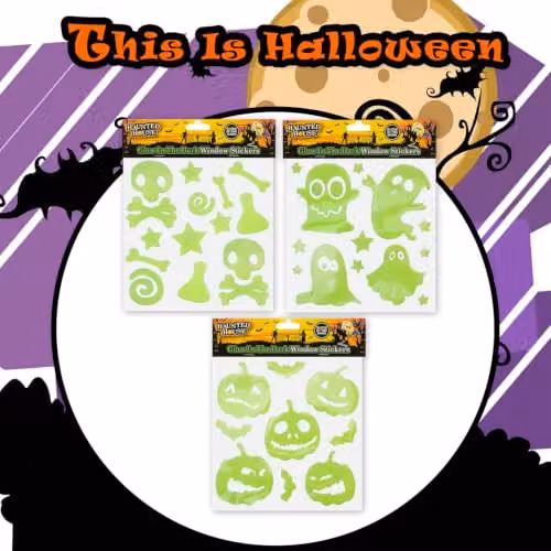 VFM e-Store Halloween Glow in the Dark Gel Stickers, 3 Pack of Ghosts, Bones and Pumpkins in Green – 6