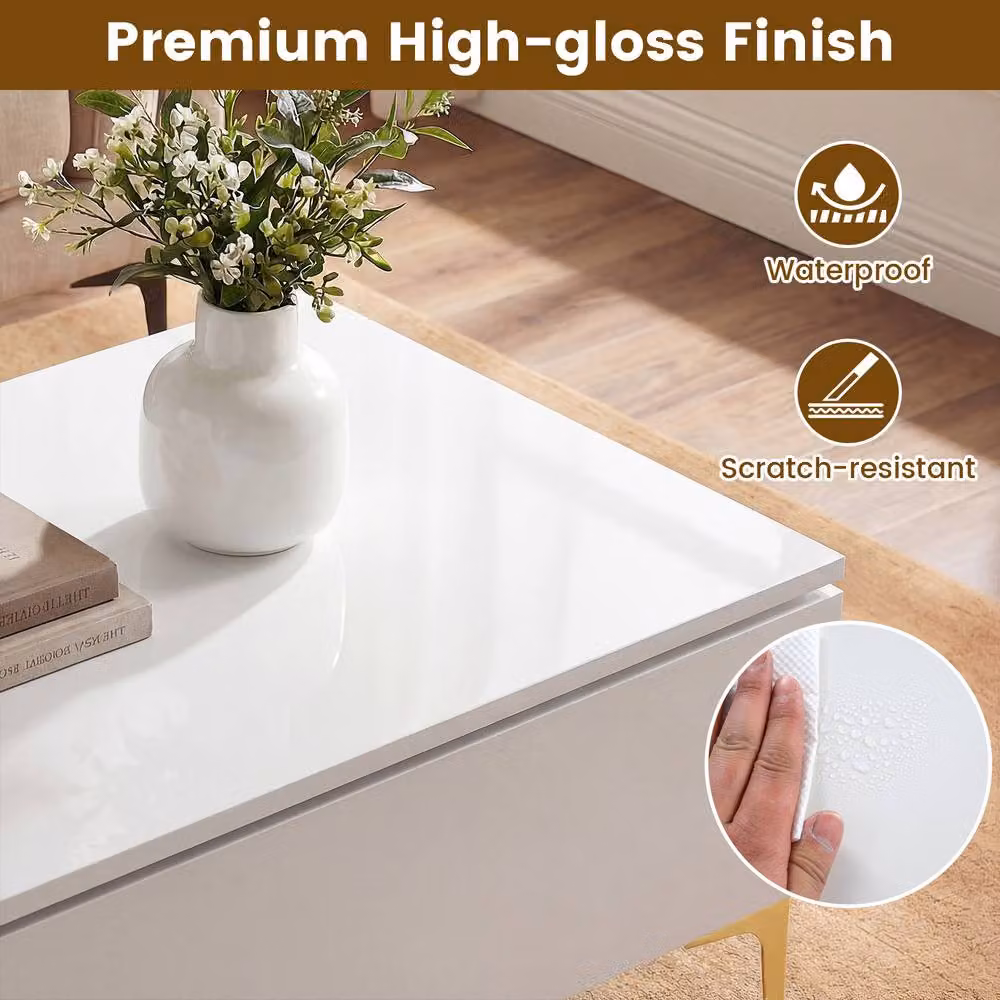 Costway Modern White High Gloss Lift Top Coffee Table with Metal Legs – 4