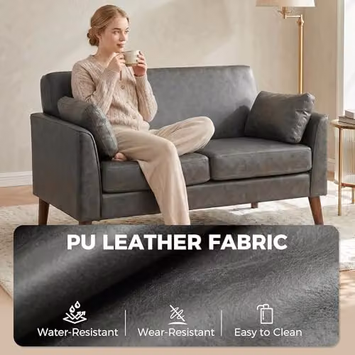 HOMCOM 2 Seater Sofa in Grey PU Leather with Rubberwood Legs, W: 132 cm, H: 79 cm, D: 74 cm – 4