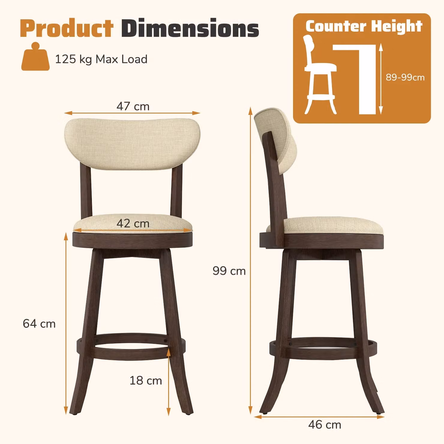Costway Set of 2 Beige Fabric Swivel Counter Height Stools with Rubberwood Legs – 2