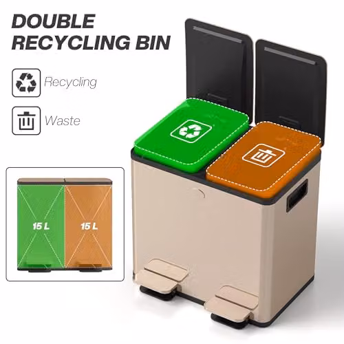 HOMCOM Dual Kitchen Pedal Bin with Soft Close Lids and Odour Filter, Gold Tone, Stainless Steel, 2 x 15L – 4